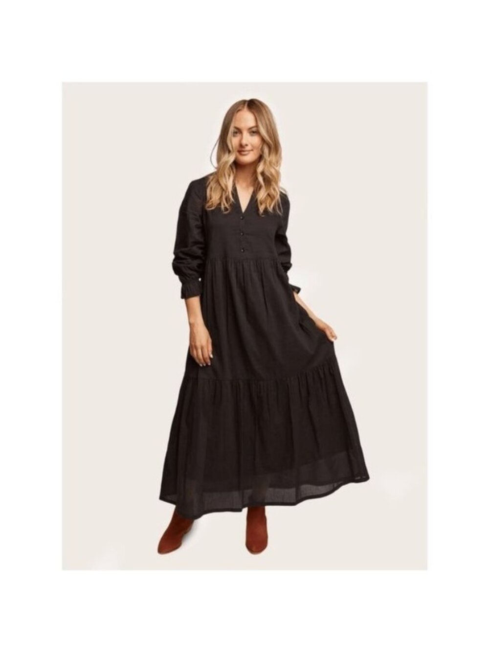Able Jane Tiered Long Sleeve Maxi Dress 100% Cotton Black XS Cottagecore Boho